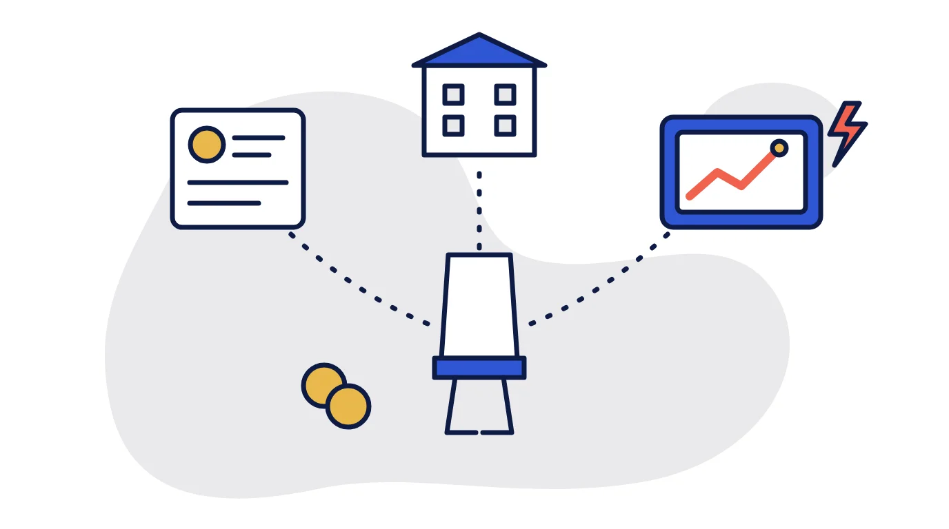 Three paths leading from an empty office chair: a job posting, an outside service provider building, and an automated collections dashboard, illustrating the choice between hiring, outsourcing and automating accounts receivable