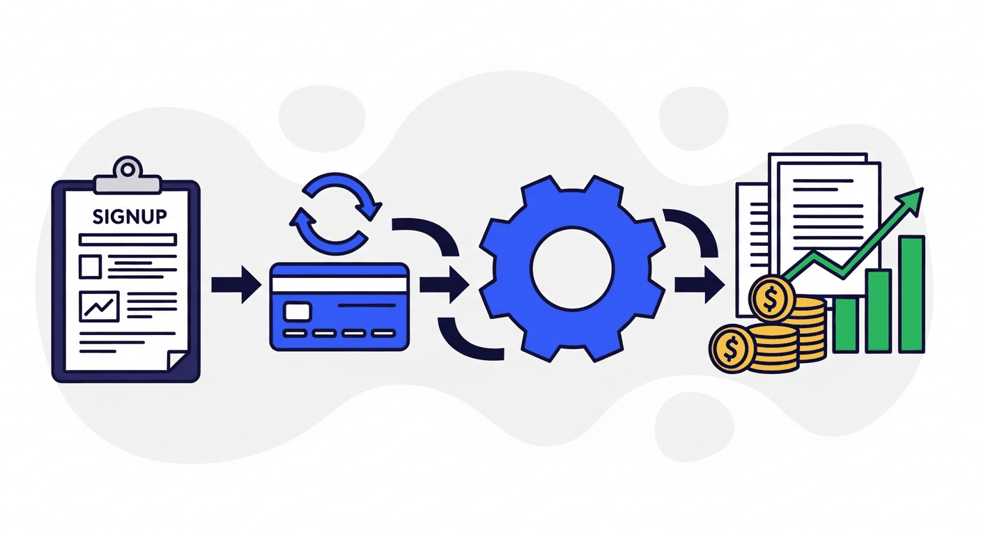 Subscription lifecycle objects in a left-to-right flow with arrows showing signup, recurring credit card, automation gear, dollar coin, and upward chart illustrating SaaS AR automation