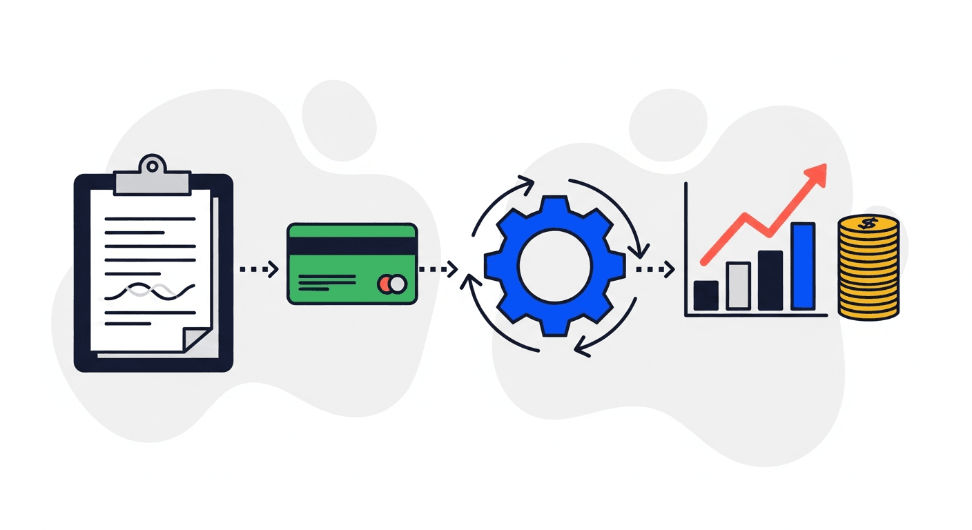 Subscription lifecycle objects in a left-to-right flow with arrows showing signup, recurring credit card, automation gear, dollar coin, and upward chart illustrating SaaS AR automation