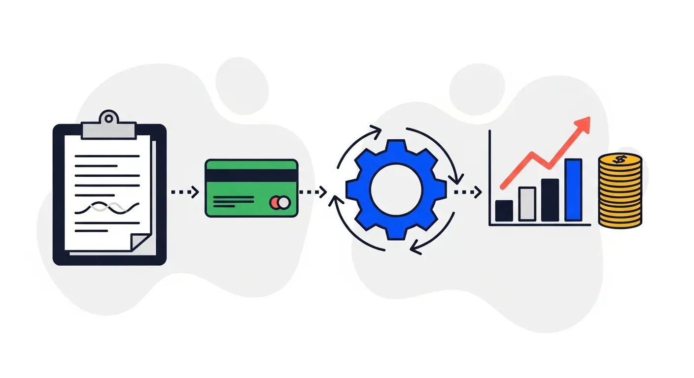 Subscription lifecycle objects in a left-to-right flow with arrows showing signup, recurring credit card, automation gear, dollar coin, and upward chart illustrating SaaS AR automation