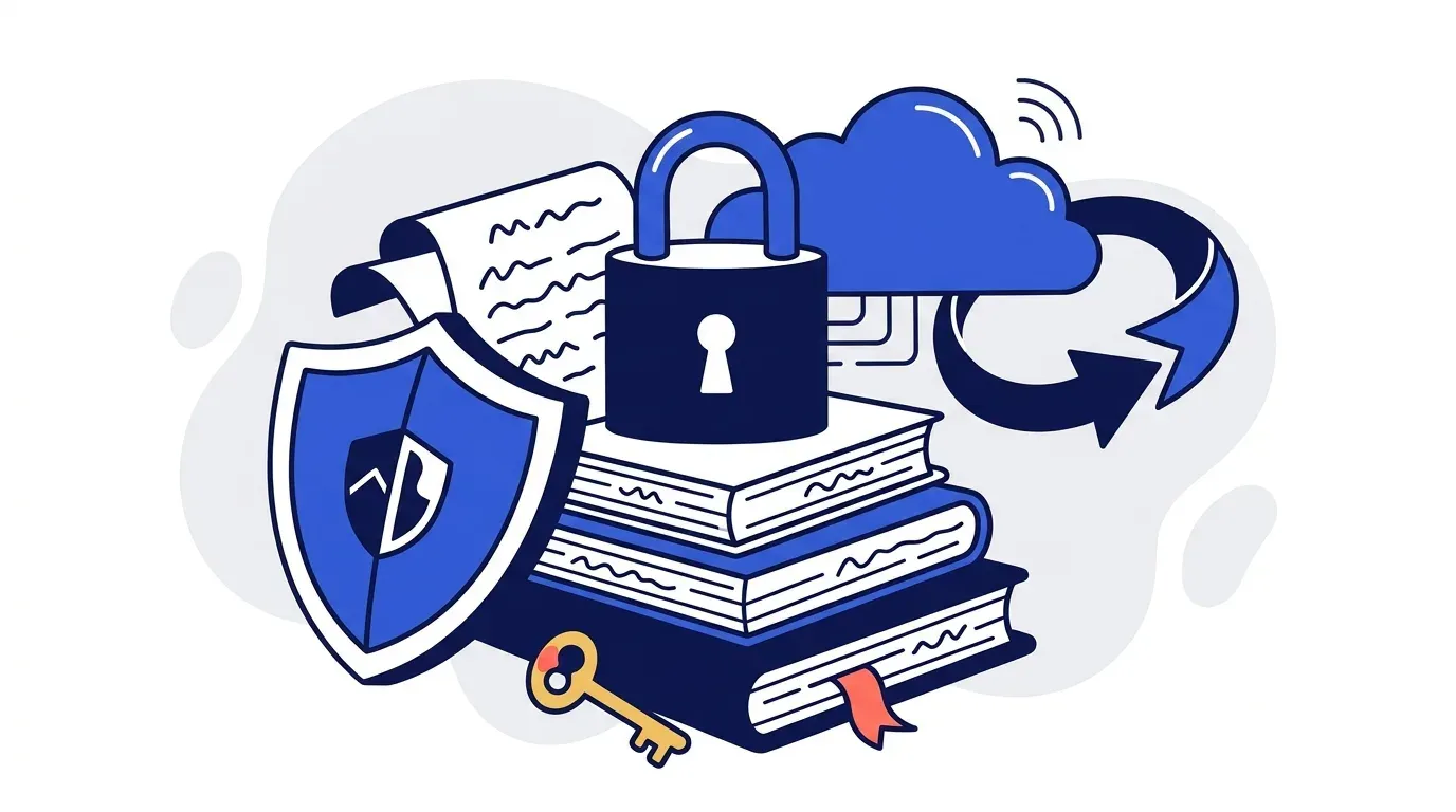 A large padlock guarding a stack of ledger documents, orbited by a cloud server, a one way arrow, and a shield, illustrating read only access to accounting data