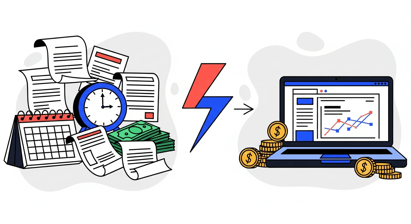 Messy desk with scattered invoices on the left transforming via lightning bolt to clean laptop dashboard on the right illustrating manual vs automated AR