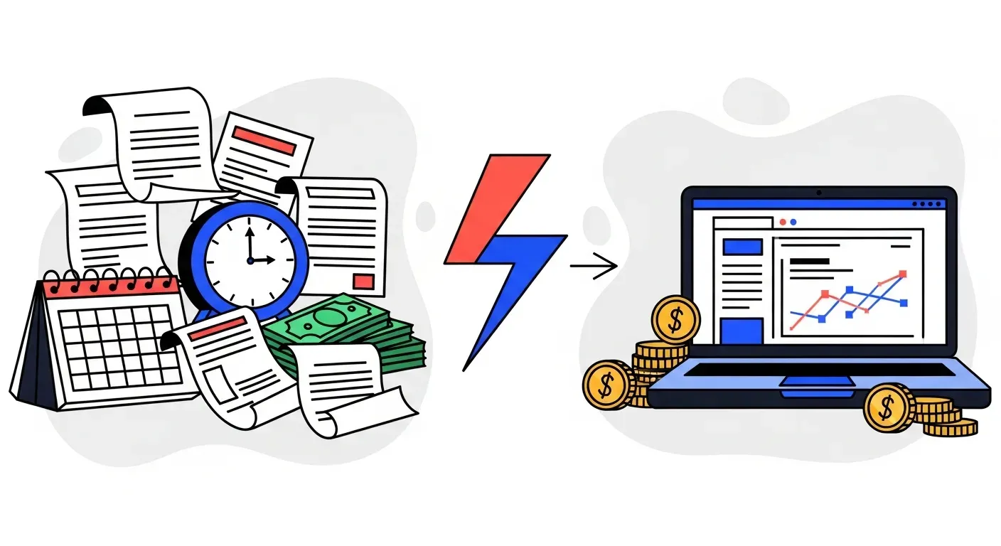 Messy desk with scattered invoices on the left transforming via lightning bolt to clean laptop dashboard on the right illustrating manual vs automated AR