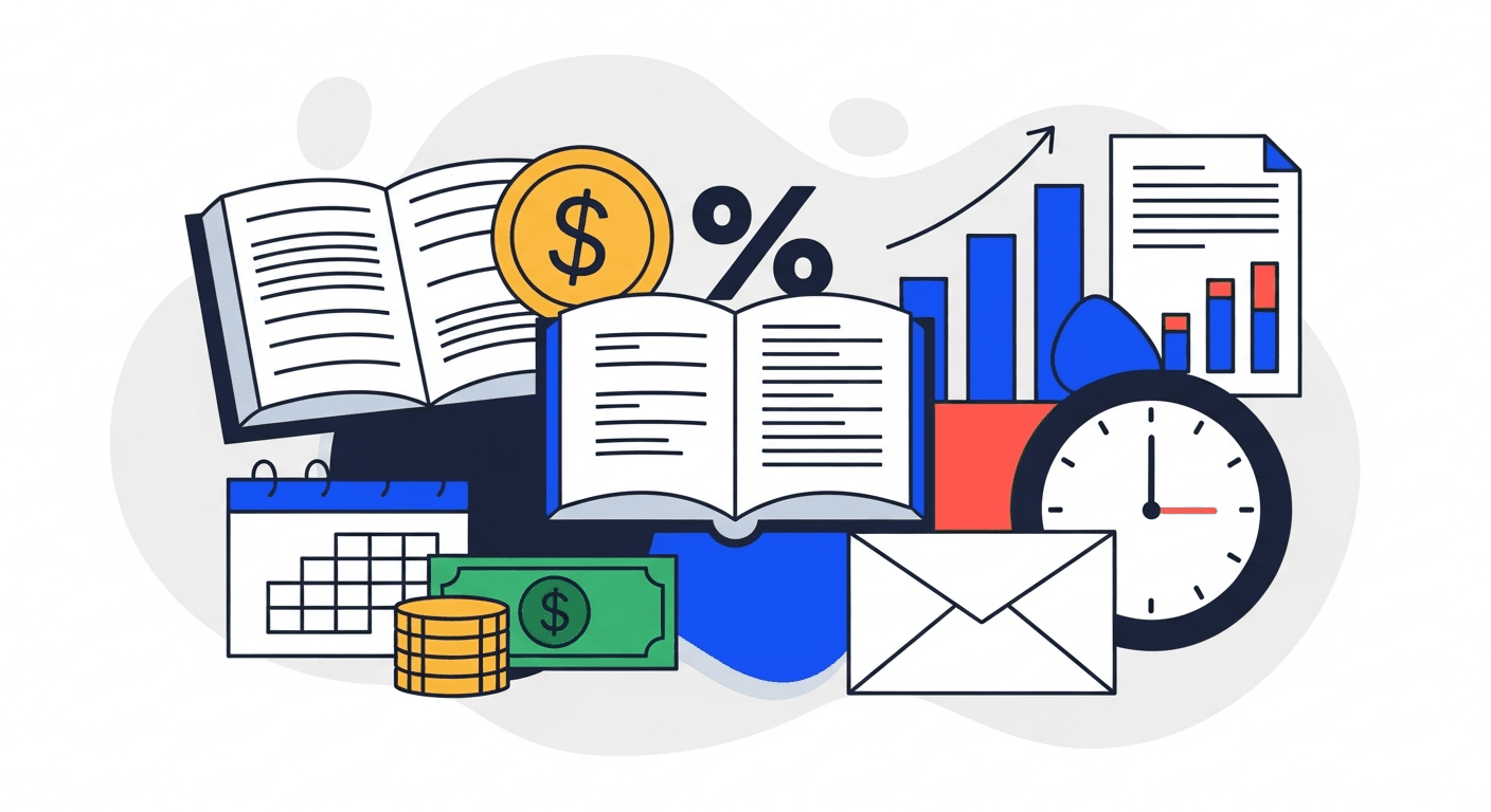 Open books, a coin, a percentage symbol, a bar chart, an envelope, and a clock, illustrating a glossary of accounts receivable terms