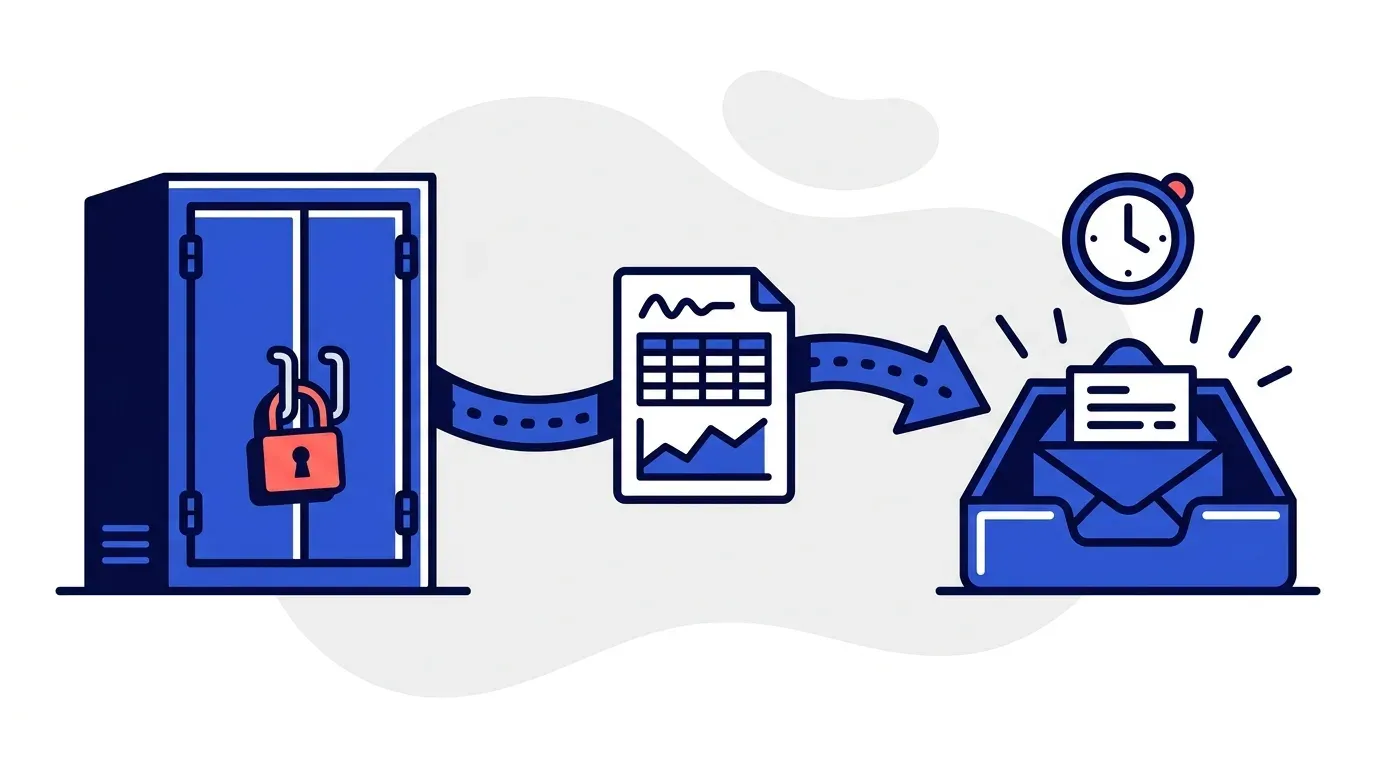 A closed server cabinet on the left connected by an arrow through a spreadsheet file to an open automated inbox on the right, illustrating a CSV bridge between a legacy ERP and AR automation