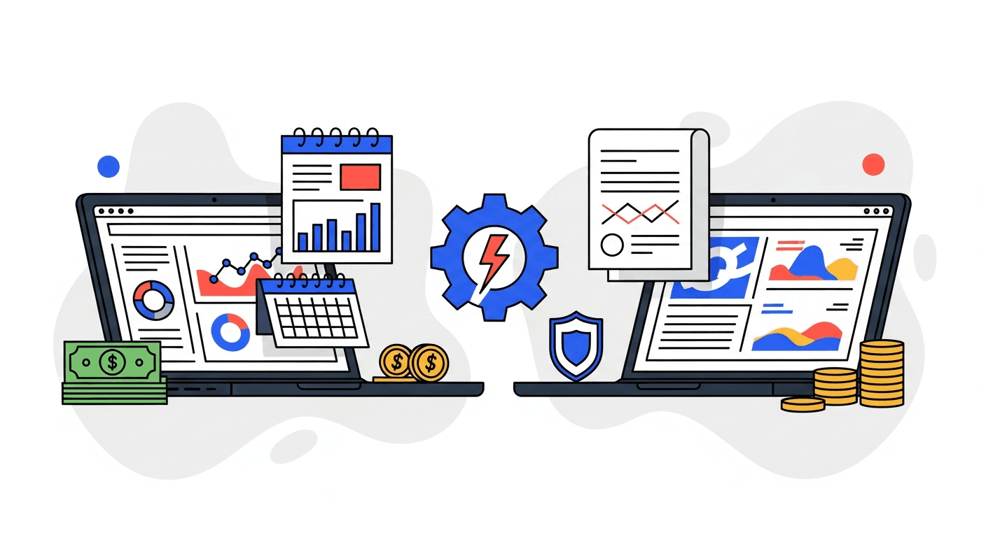 Two laptops facing each other with gear and lightning bolt between them illustrating AR software comparison