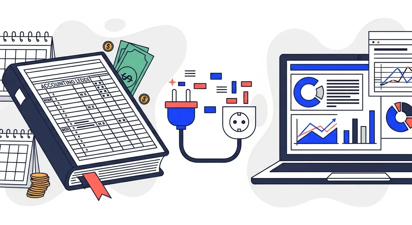 Accounting ledger book connecting to laptop via plug and socket illustrating QuickBooks AR integration