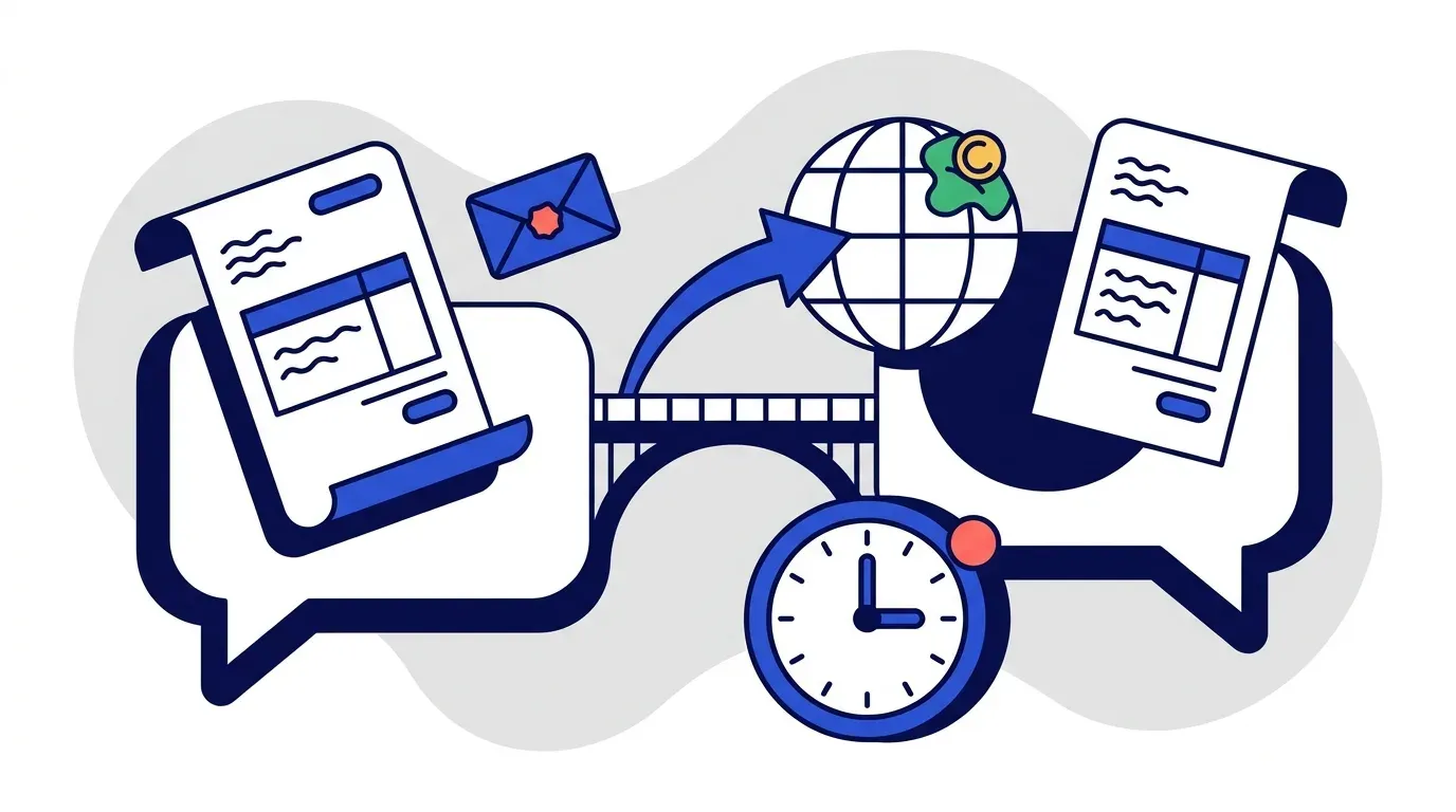 Two speech bubbles containing an invoice document each, facing one another across a globe with a small envelope and clock between them, illustrating bilingual payment reminders