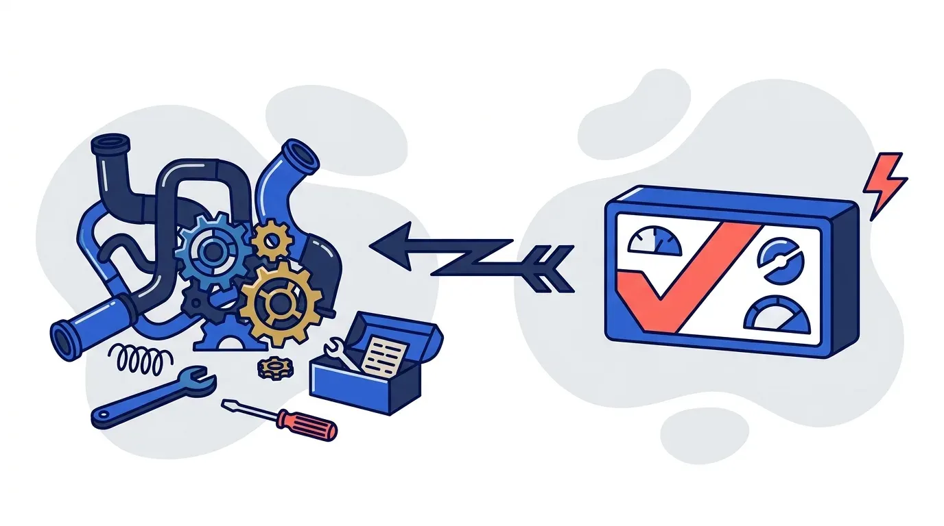 Illustration comparing an in-house build of tangled pipes, gears, and wrenches against a clean assembled AR automation panel, representing the build vs. buy decision