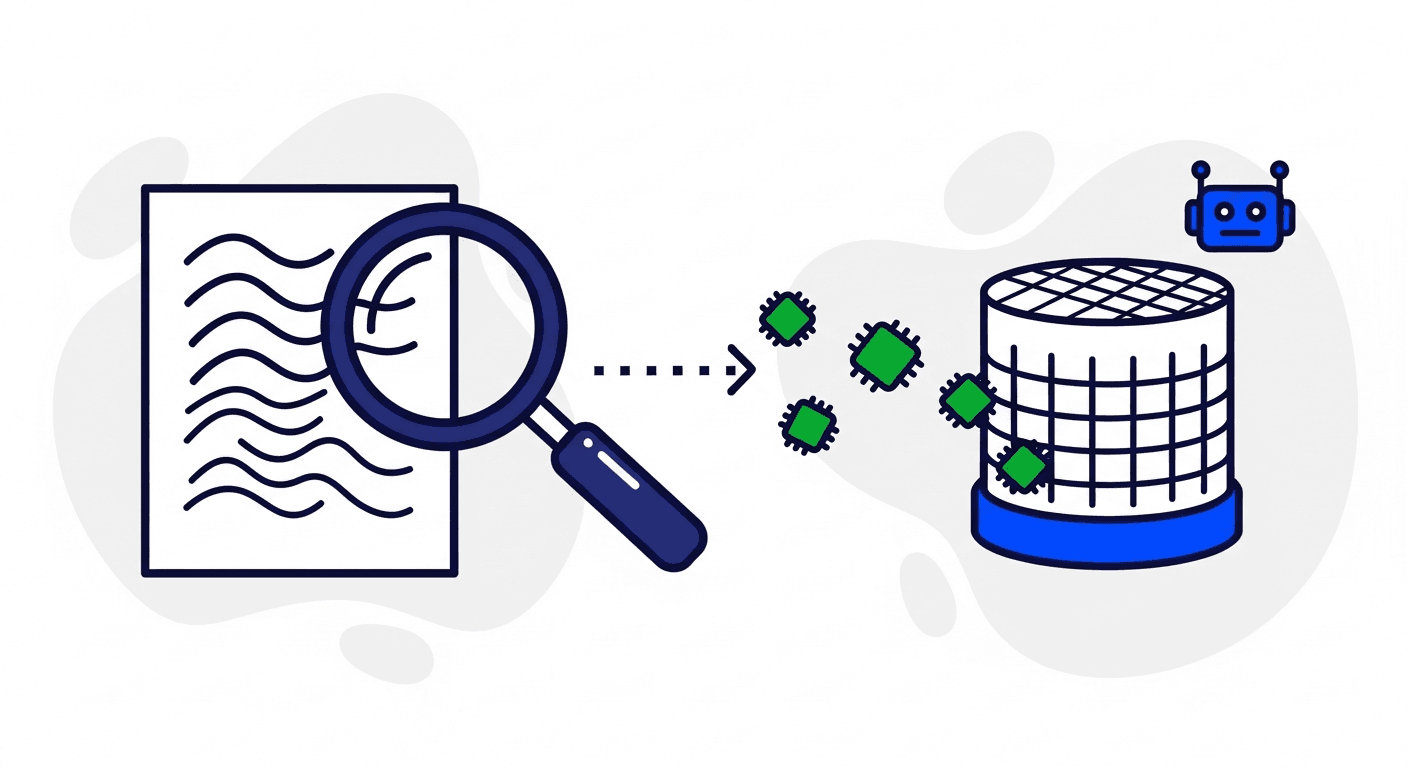 Illustration of a magnifying glass scanning a document as green data chips flow into a database, representing automated AI invoice data extraction.