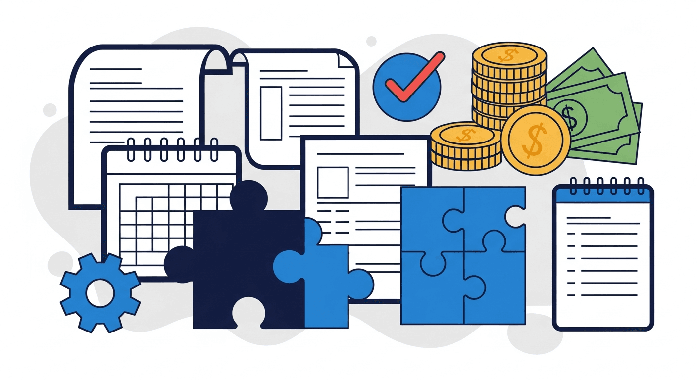An overlapping collage of invoices, coins and bills, two puzzle pieces fitting together, a checkmark badge, and a gear, illustrating AI matching payments to invoices automatically