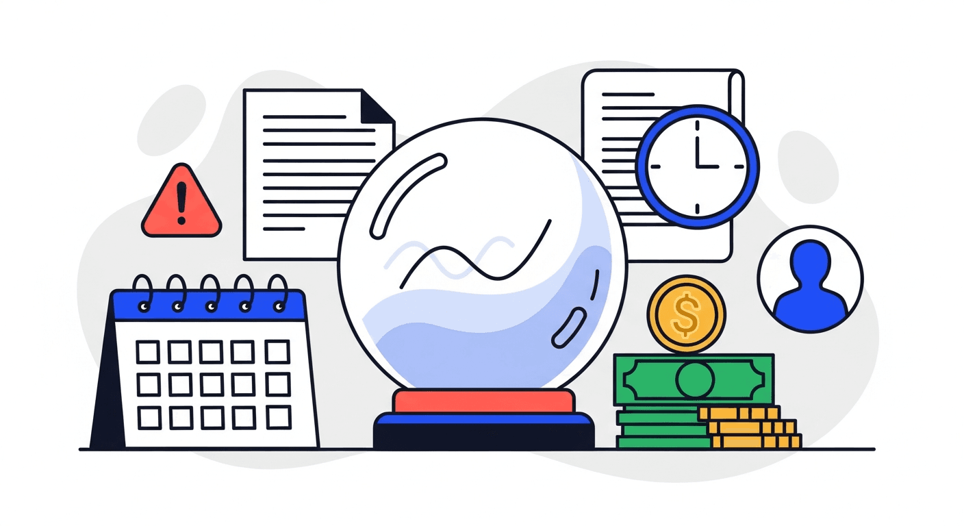 Illustration of a crystal ball surrounded by a warning sign, clock, calendar, and money, representing predicting which customers will pay late.