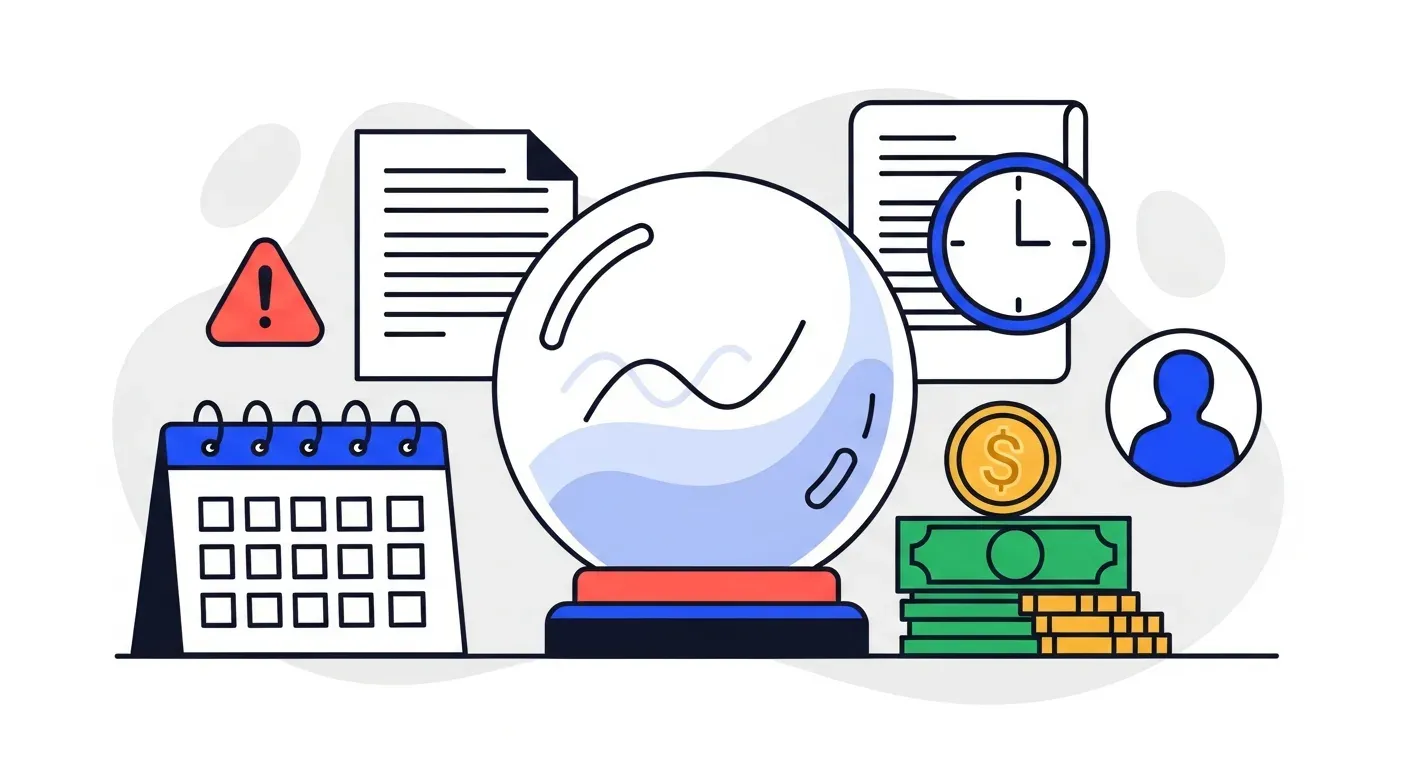Illustration of a crystal ball surrounded by a warning sign, clock, calendar, and money, representing predicting which customers will pay late.