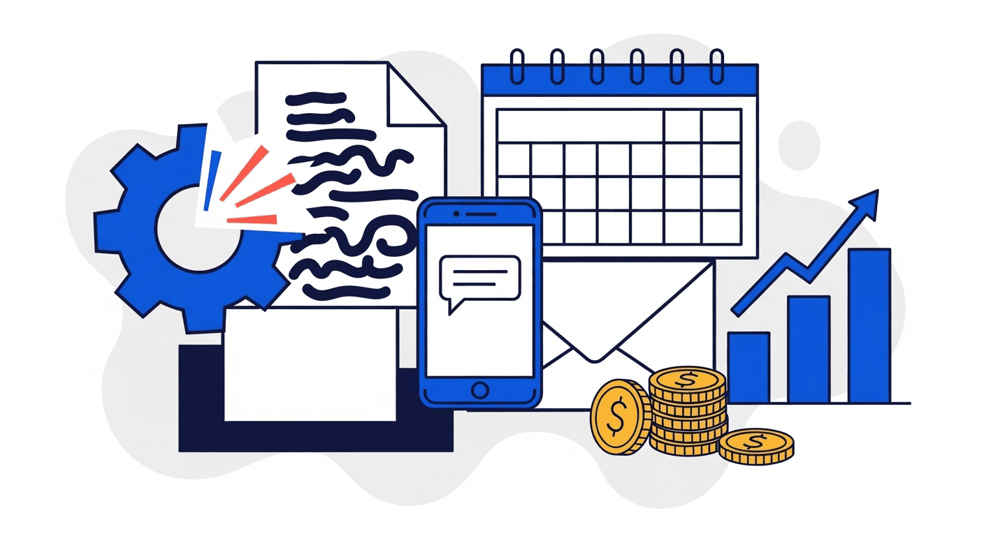 A collage of an AI gear, paper document, smartphone with chat bubble, envelope, blank calendar, gold coins, and upward bar chart illustrating automating accounts receivable