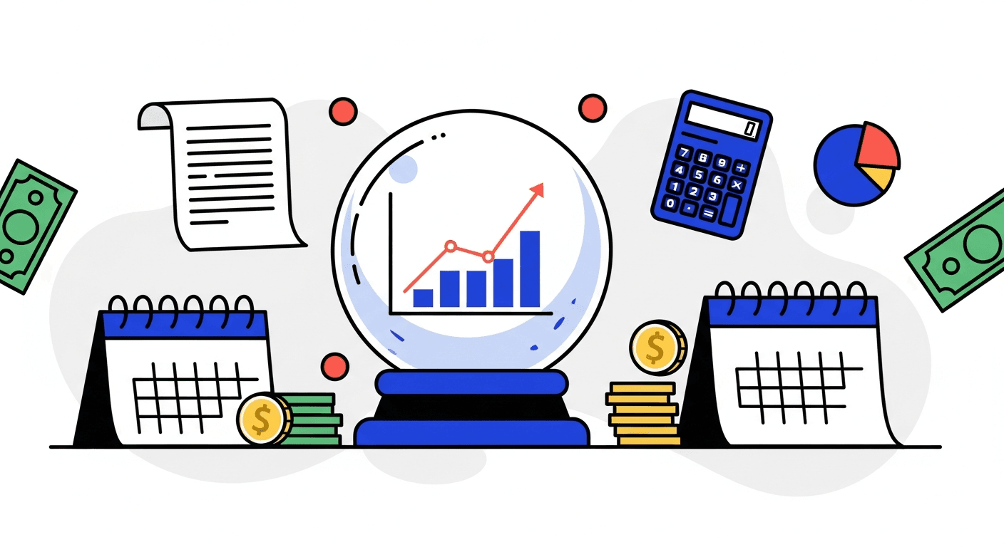 Crystal ball with rising chart inside surrounded by calculator and pie chart illustrating cash flow forecasting