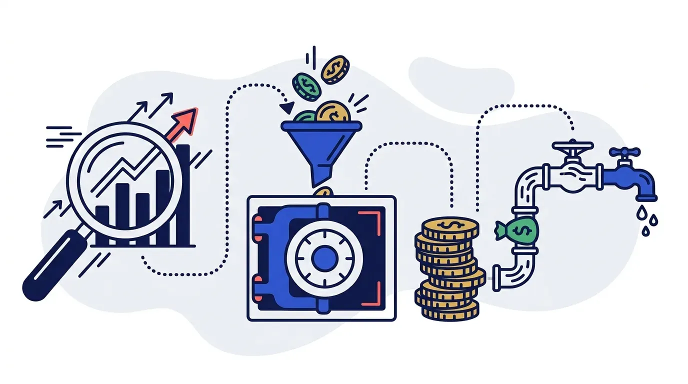 Left-to-right illustration of money flowing through a funnel into a bank vault, with a magnifying glass over a rising chart and coins moving along arrows