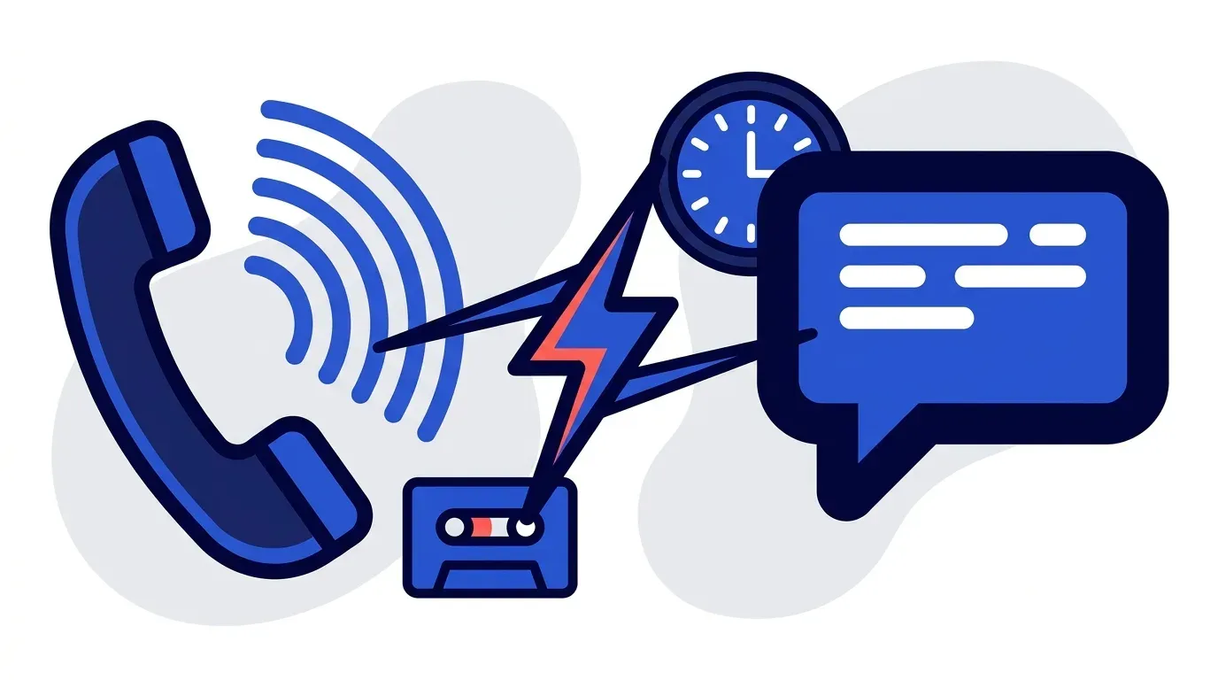 A large telephone handset flanked by a sound wave on one side and a chat bubble on the other, with a small clock and a voicemail icon nearby, illustrating AI voice calls compared with SMS for collections