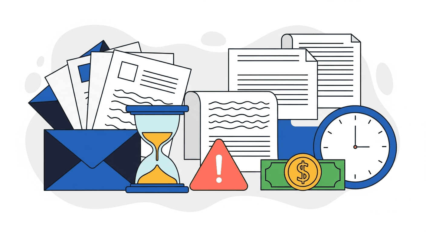 Stack of escalating payment reminder letters next to an hourglass illustrating the dunning process