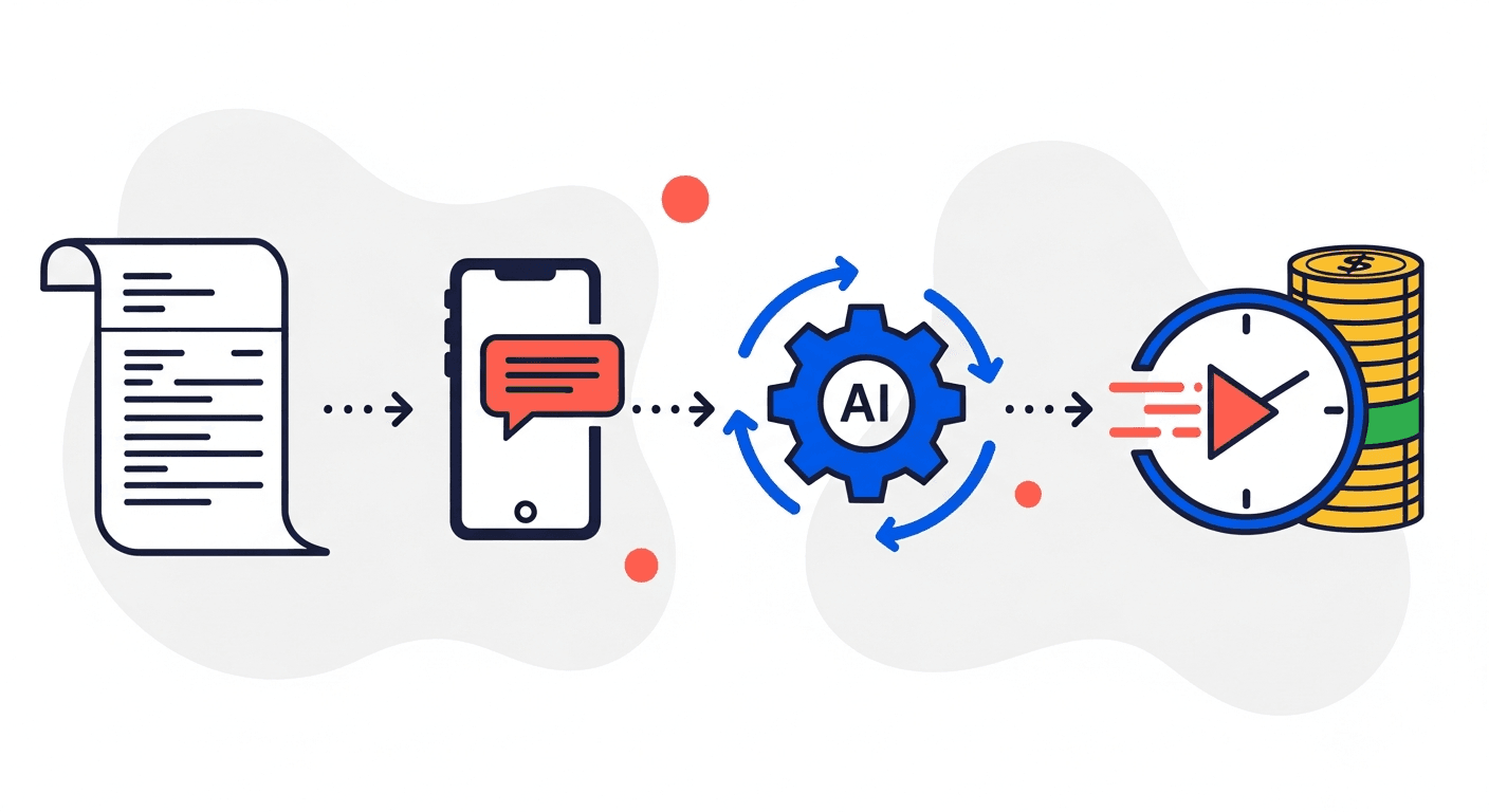 A left-to-right flow from a paper invoice to a smartphone, an AI gear, a clock with a fast-forward arrow, and gold coins illustrating how AI accelerates getting paid