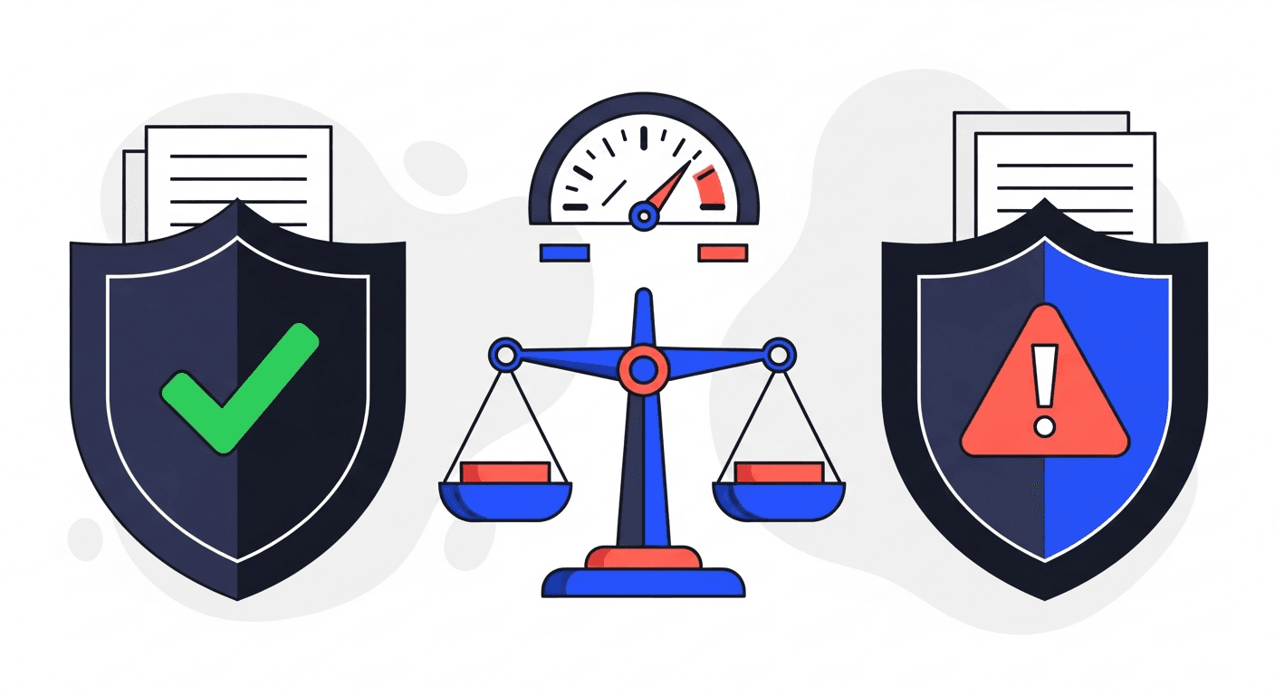 Illustration of a balance scale between a green check shield and a red warning shield with a risk gauge above, representing customer credit decisions.