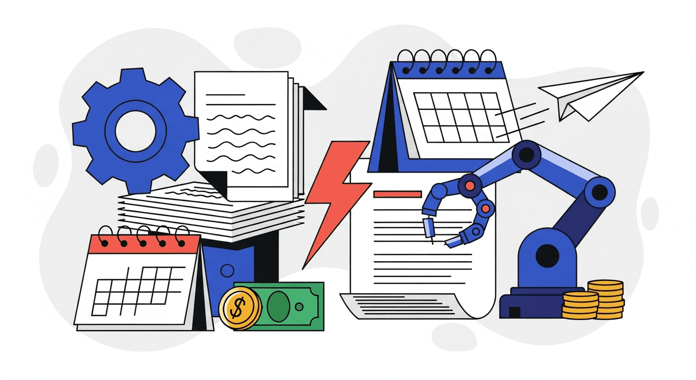 Illustration of a gear, a robotic arm, stacked documents, and a paper plane, representing automated invoice generation.