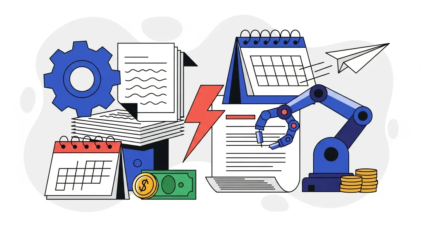 Illustration of a gear, a robotic arm, stacked documents, and a paper plane, representing automated invoice generation.