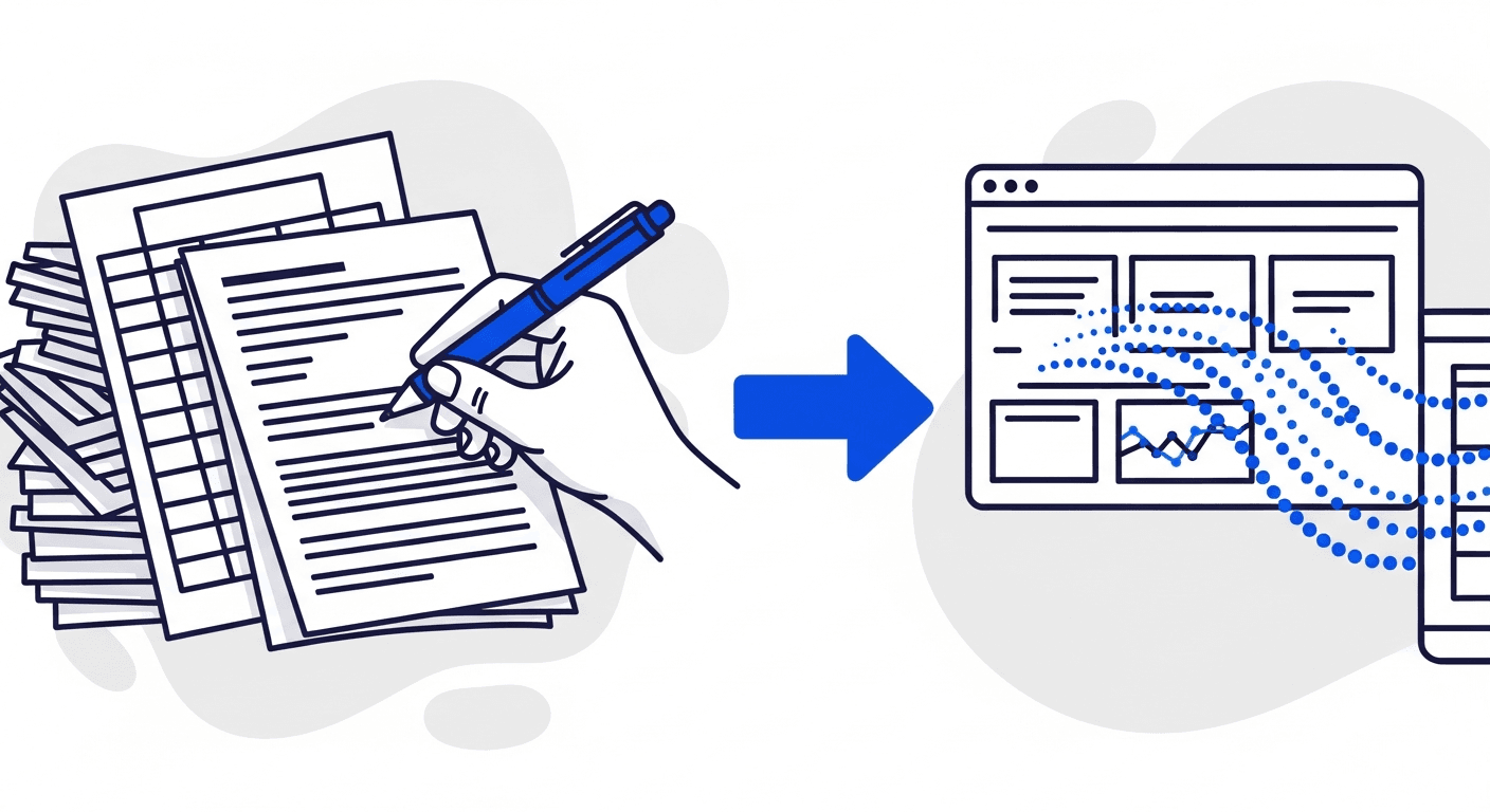 A messy stack of spreadsheets with a pen on the left and a clean automated dashboard on the right connected by an arrow, illustrating reducing manual data entry in AR