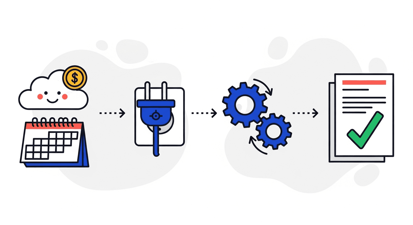 A left-to-right flow of a cloud, a plug connecting, turning gears, and an invoice with a green checkmark, illustrating setting up AR automation without IT help