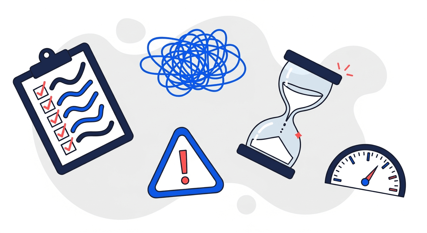 Illustration of a checklist, a tangled knot, an hourglass, a warning sign, and a gauge, representing signs an accounts receivable process needs automation.