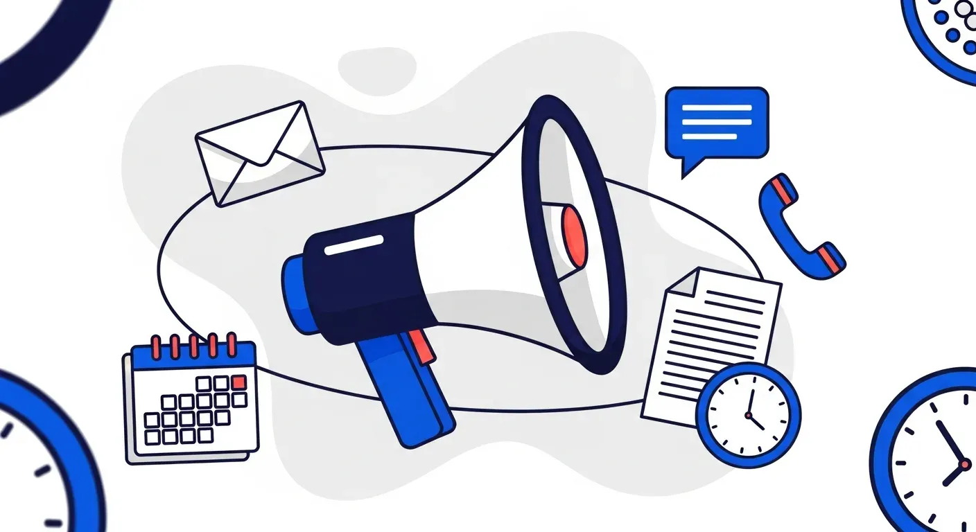 A large central megaphone orbited by an email envelope, a chat bubble, a telephone handset, and a clock, illustrating automated multi-channel payment reminders