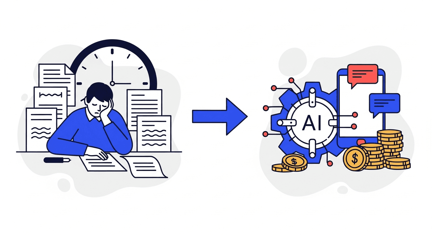 A person buried in paperwork beside a clock on the left transforming via an arrow into an automated AI gear with chat bubbles and coins on the right illustrating time saved in collections