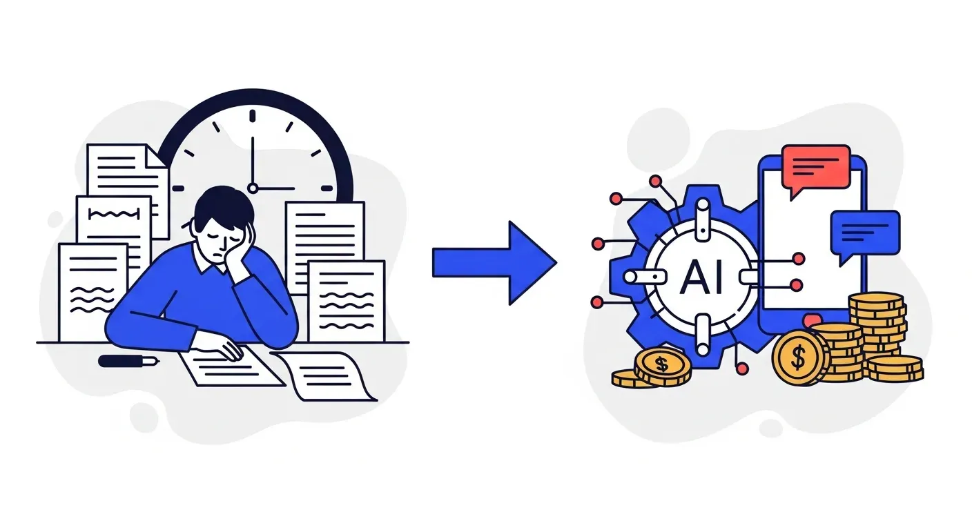 A person buried in paperwork beside a clock on the left transforming via an arrow into an automated AI gear with chat bubbles and coins on the right illustrating time saved in collections
