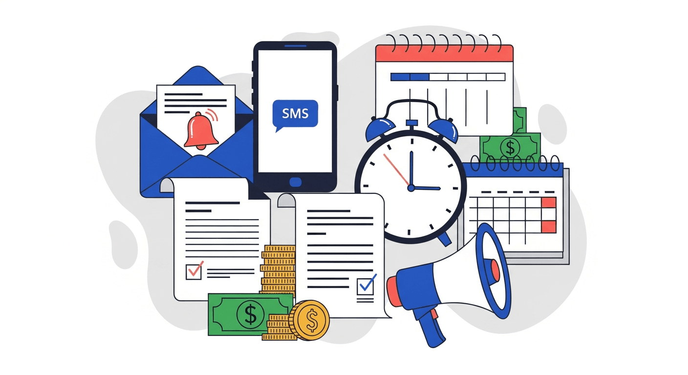 Email envelope with bell notification and mobile phone showing SMS message for invoice reminders