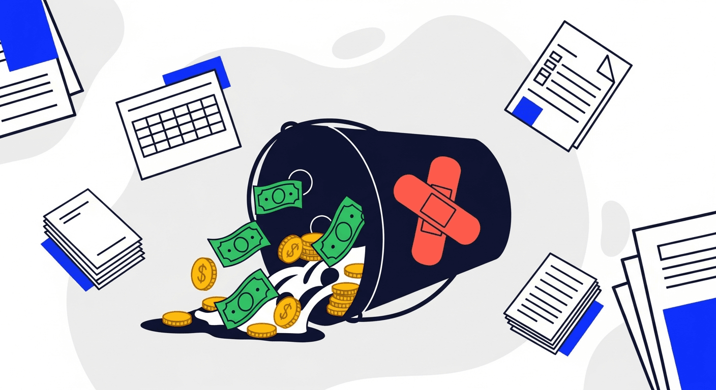 Leaking bucket with coins spilling out and band-aids illustrating hidden costs of manual AR