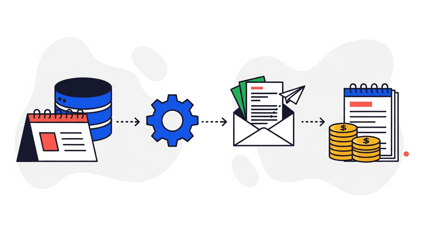 A database cylinder, gear, envelope, and coin stack connected by arrows, illustrating automating accounts receivable in NetSuite