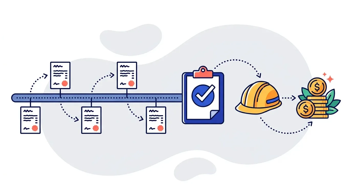 A horizontal project timeline with four invoice documents attached at intervals, a checkmark stamp, a clipboard, and a coin stack, illustrating progress billing across project milestones