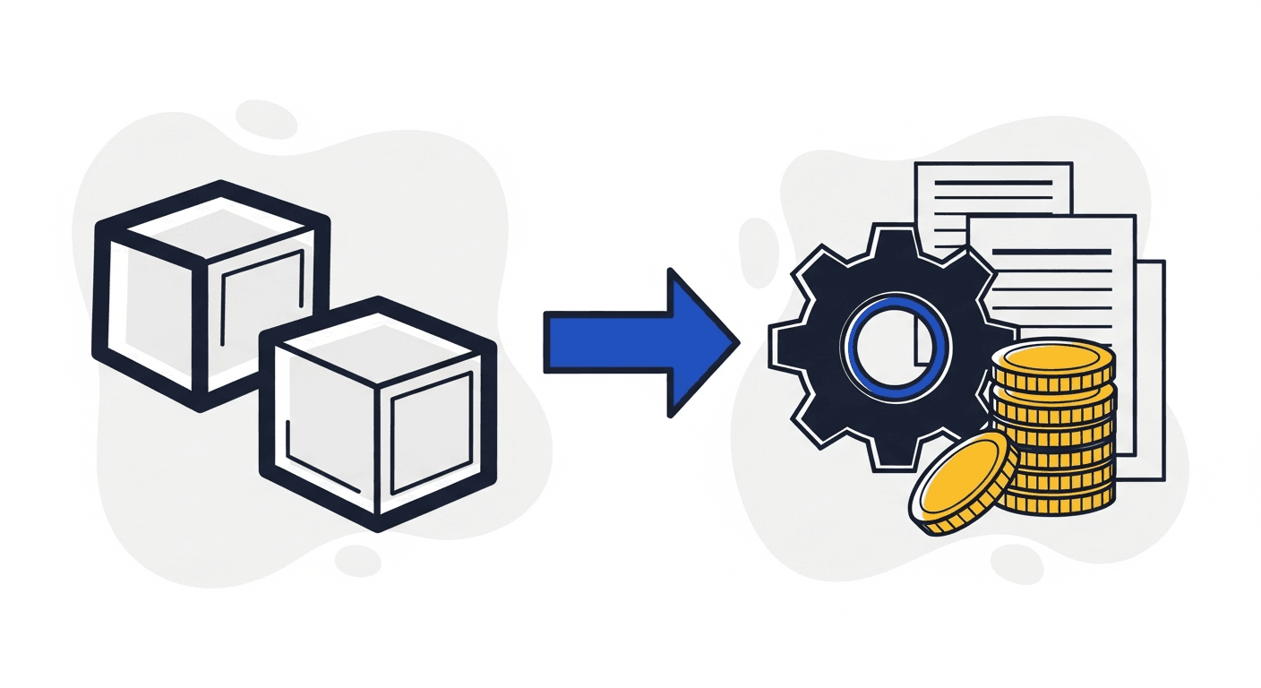 Two business entity blocks connected by an arrow to a gear and coin stack, illustrating automating receivables across entities in Sage