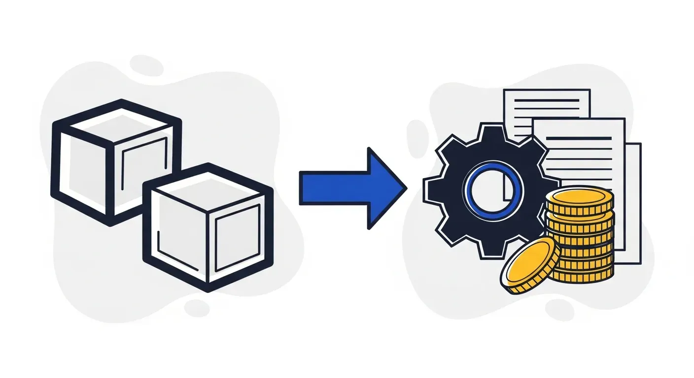 Two business entity blocks connected by an arrow to a gear and coin stack, illustrating automating receivables across entities in Sage