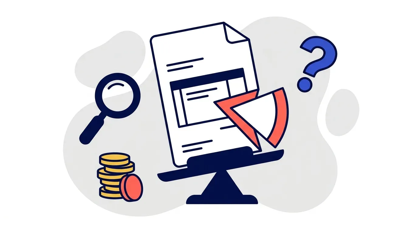 A large invoice with a wedge sliced out of it sitting on a balance scale, orbited by a magnifying glass, a coin stack, and a question mark, illustrating a short paid invoice under review