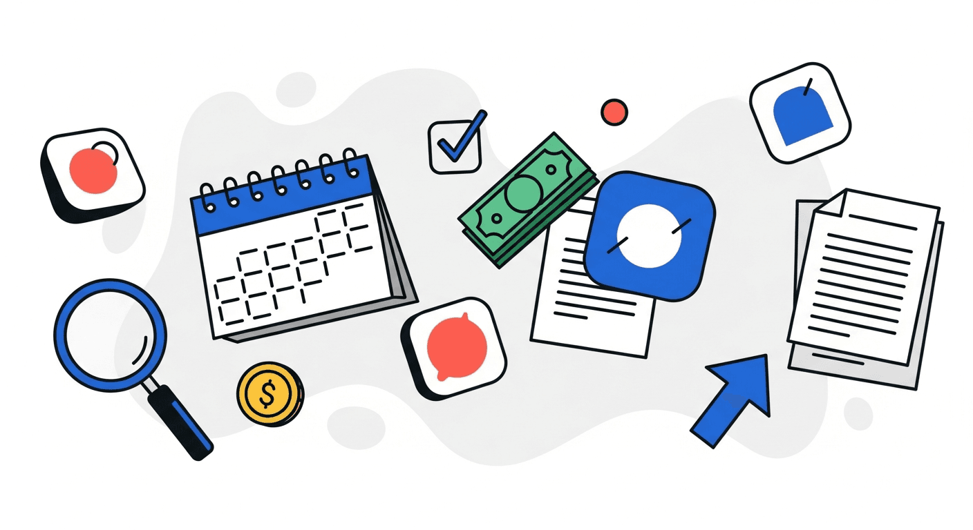 A magnifying glass, app icons, a checkmark, and a banknote scattered across the canvas, illustrating a roundup of Upflow alternatives