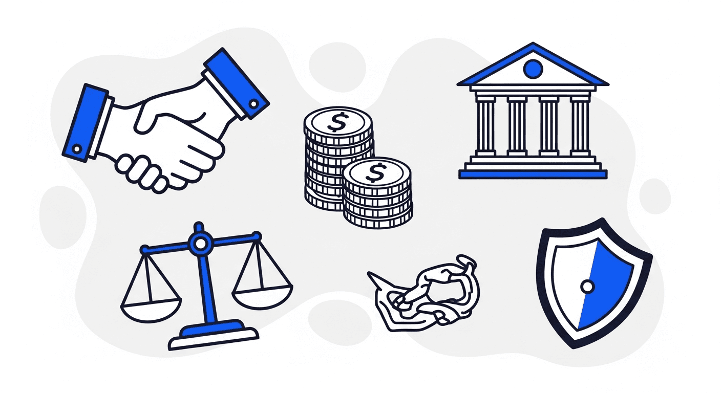 Five scattered objects, a handshake, a bank building, a stack of coins, a balance scale, and a shield, illustrating the 5 C's of accounts receivable management