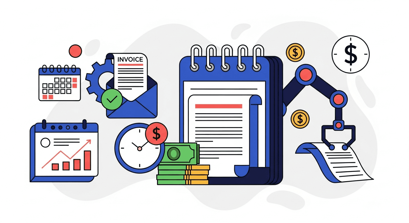 Gear connected to invoice documents and upward chart illustrating AR automation