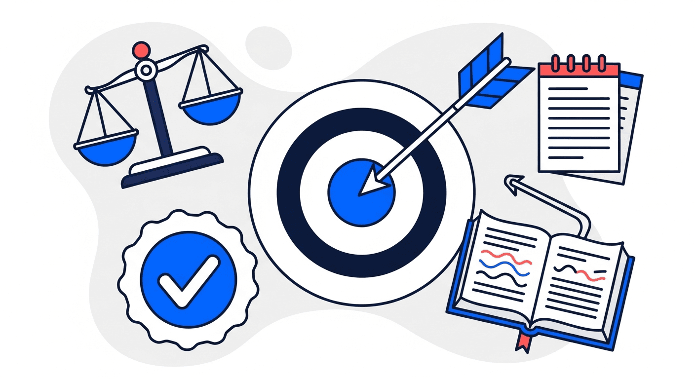 Illustration of a bullseye target struck by an arrow beside a balance scale, a check-mark badge, and an open book, representing accounts receivable best-practice rules.