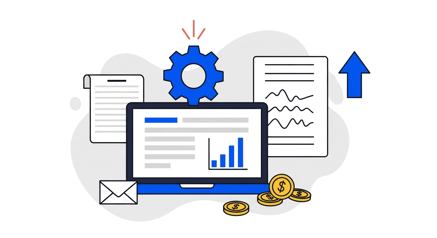 A central laptop showing an abstract dashboard surrounded by a gear, paper document, gold coins, envelope, and upward arrow illustrating AI tools for invoicing