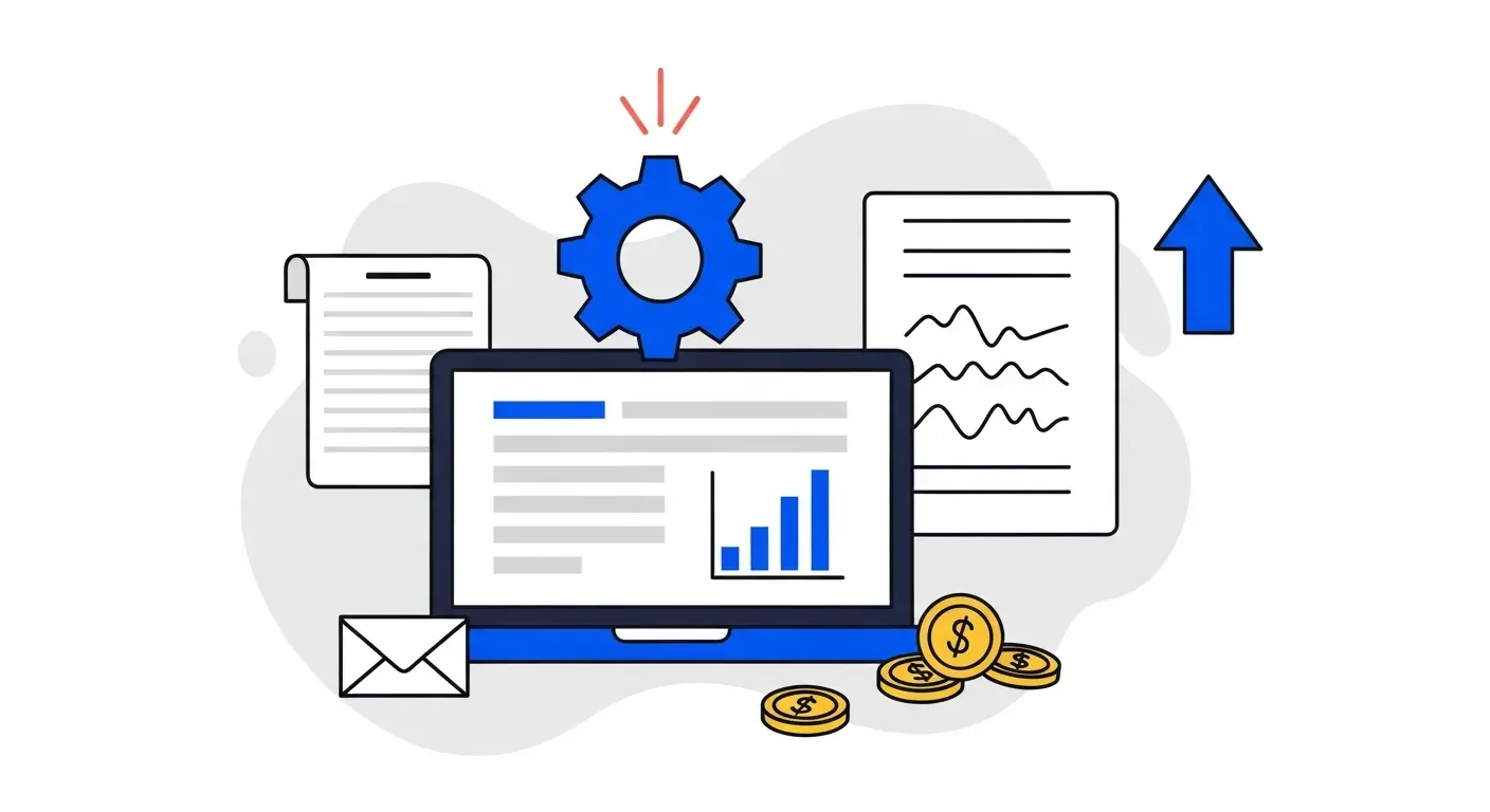 A central laptop showing an abstract dashboard surrounded by a gear, paper document, gold coins, envelope, and upward arrow illustrating AI tools for invoicing