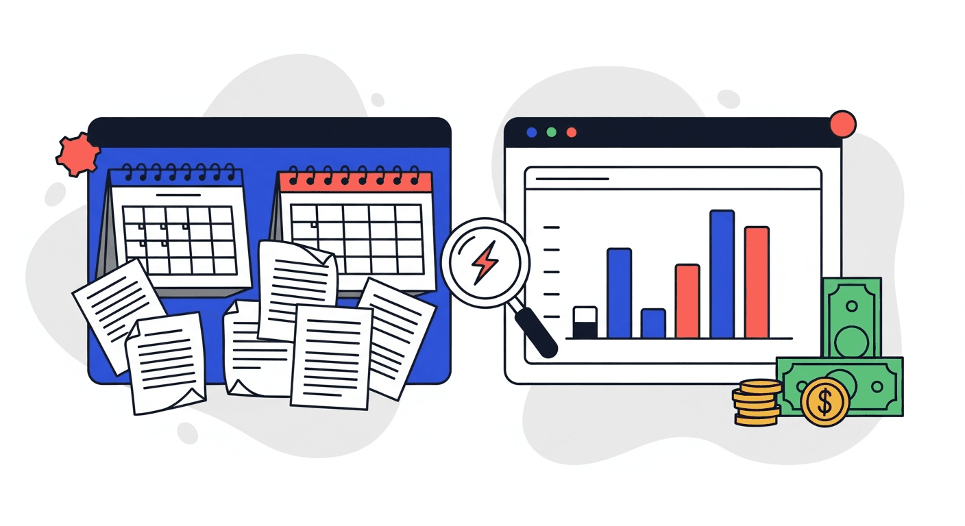 Illustration comparing a messy pile of paper invoices to a clean dashboard with a bar chart, representing tracking unpaid invoices.