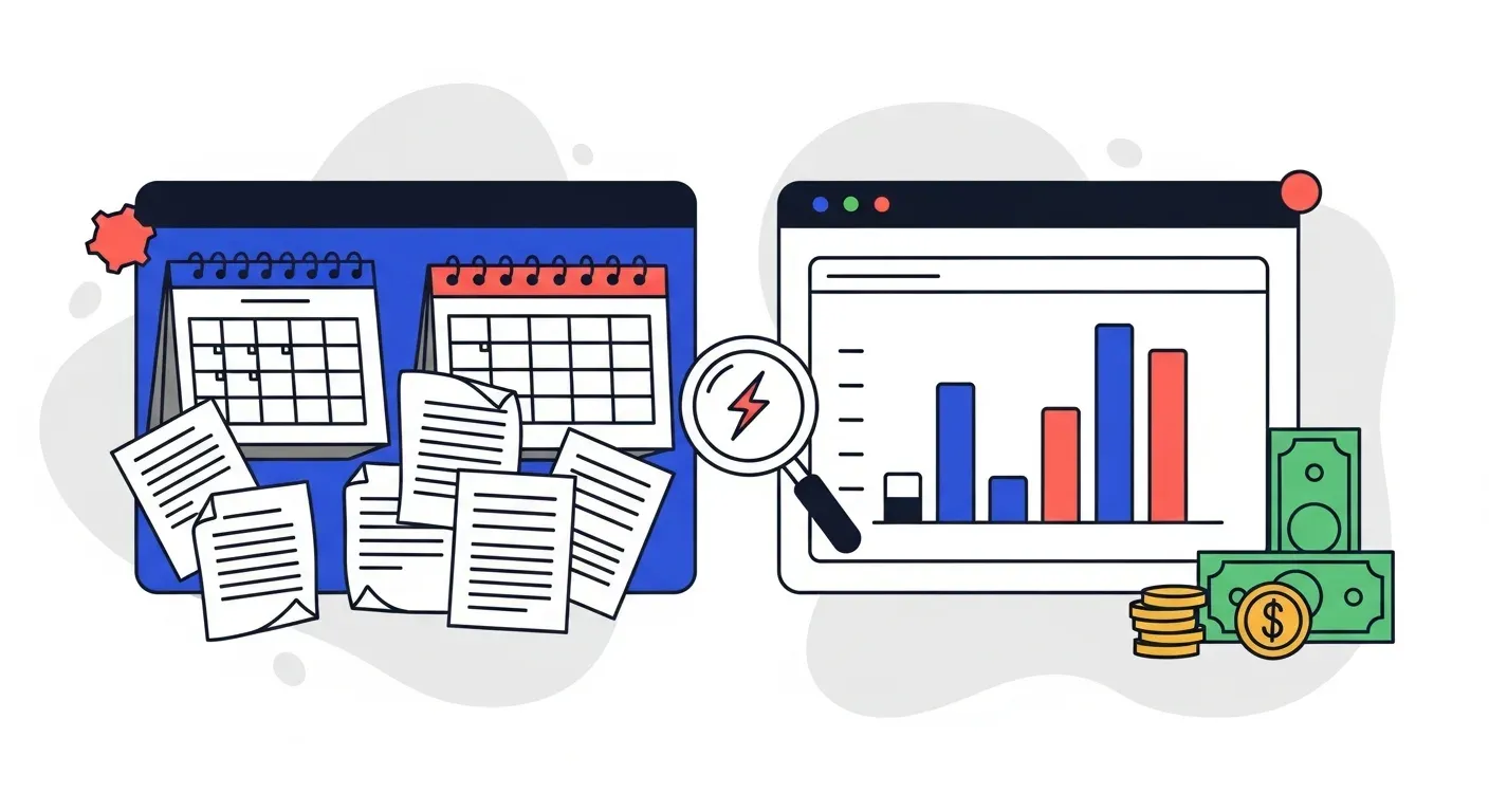 Illustration comparing a messy pile of paper invoices to a clean dashboard with a bar chart, representing tracking unpaid invoices.