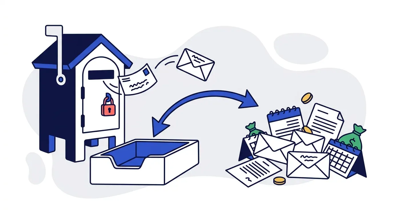 Two email envelopes leaving a building shaped mailbox, one arrow returning to a central inbox tray and one arrow veering off to a scattered pile, illustrating lost reply context in AR email