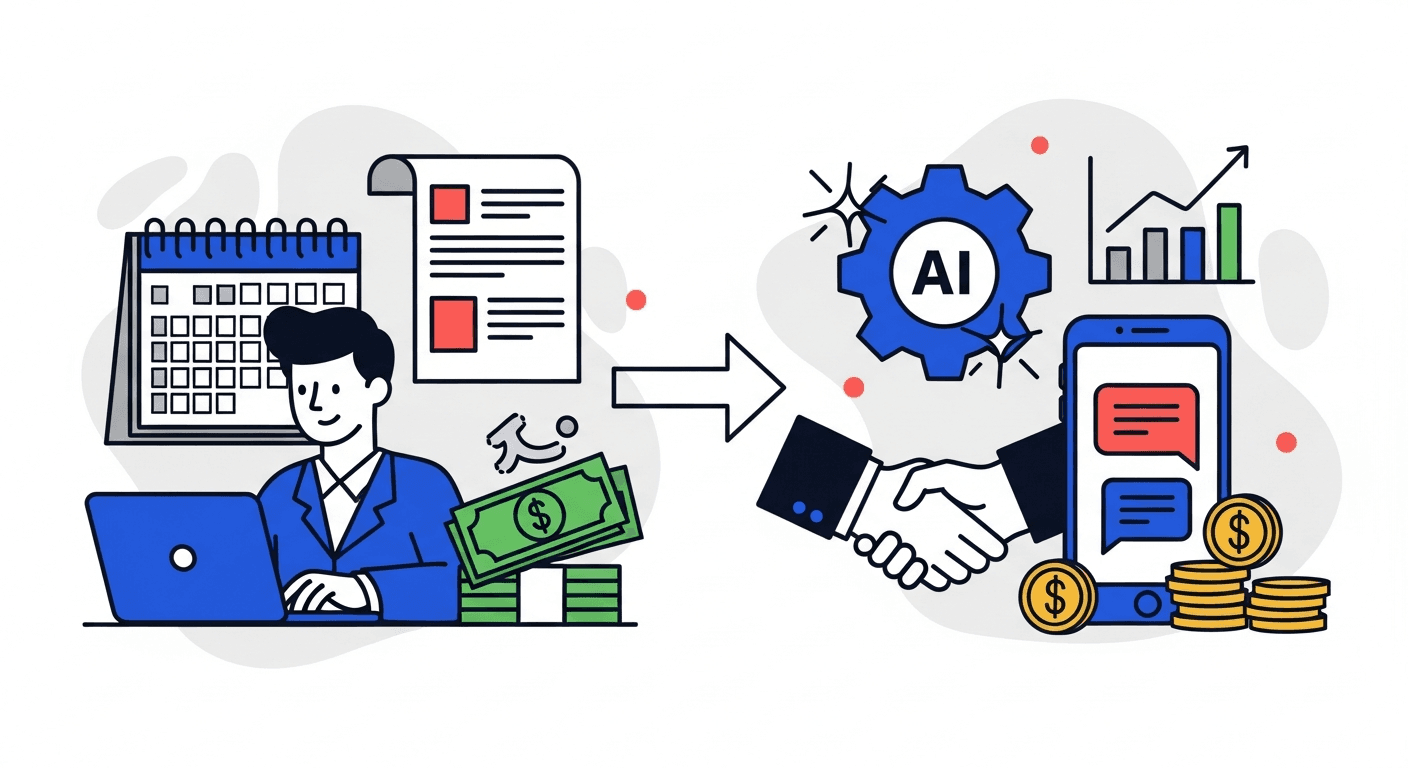 A finance professional at a laptop on the left shaking hands with an AI gear and smartphone on the right, with coins and an upward chart, illustrating AI and AR professionals working together