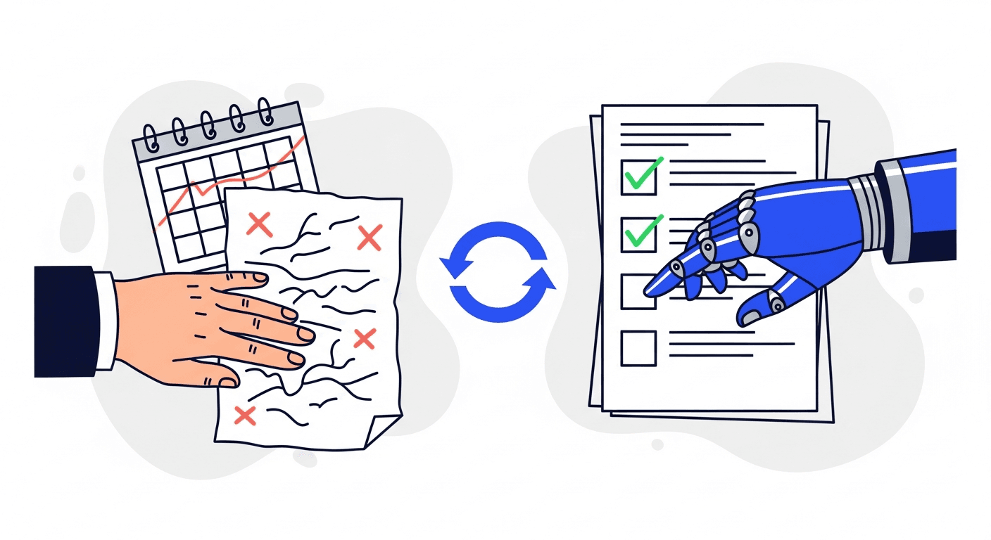 Illustration of a human hand over an error-marked page beside a robot hand completing a checklist, representing automation reducing human error in accounts receivable.